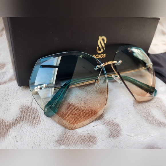 NEW Women's Oversized Rimless Diamond Cut Shape Sunglasses - Picture 2 of 8